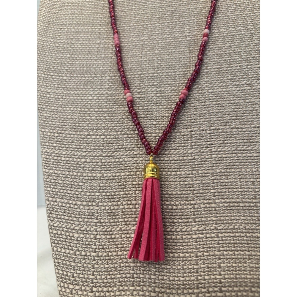 Cranberry Colored Beads Pink Tassel Gold Accent Fashion Necklace Boho Style 28" - Picture 2 of 3